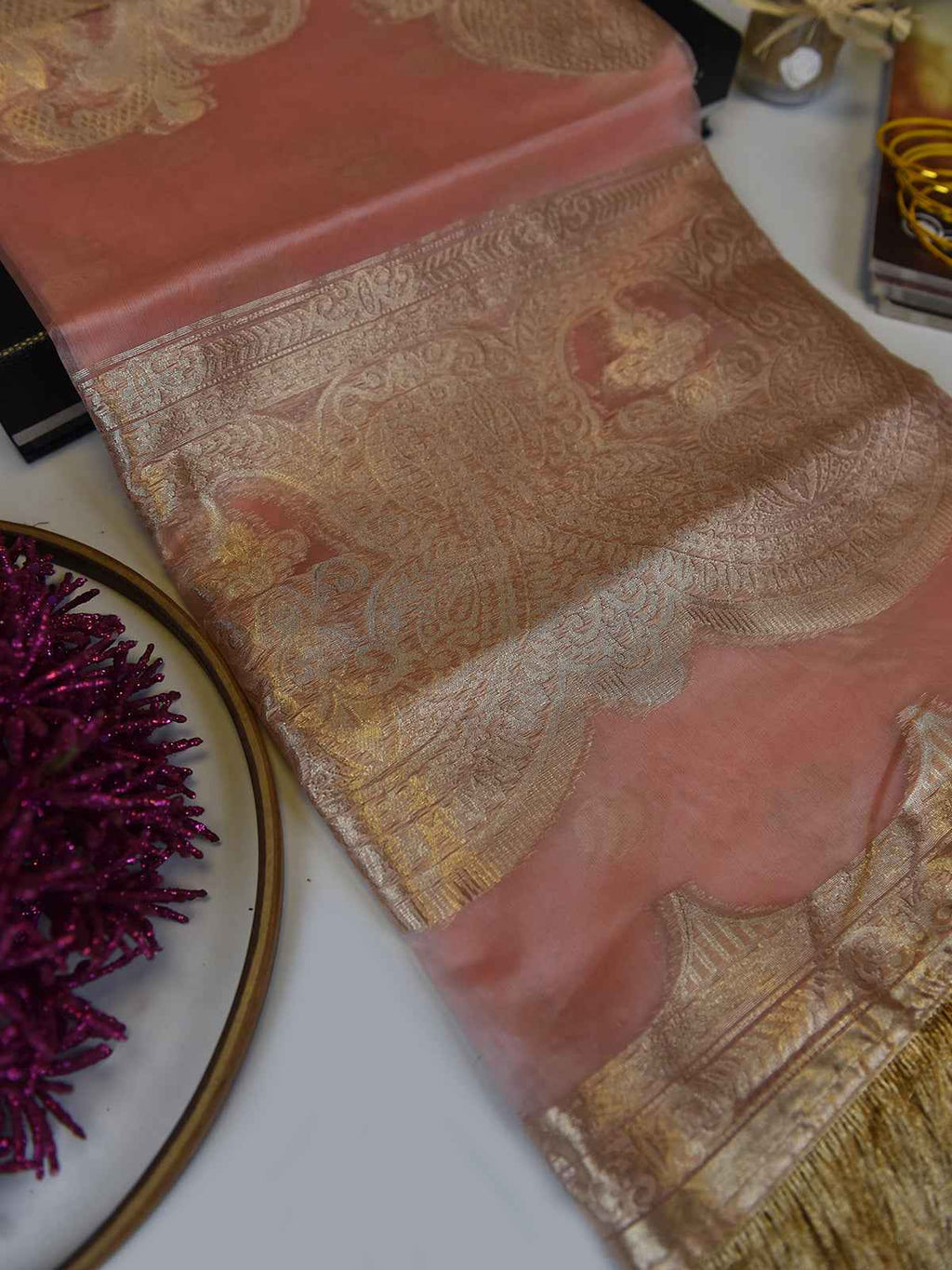 1Pc Formal Pret Dupatta Organza Jacquard Pink - OWDT-2411028