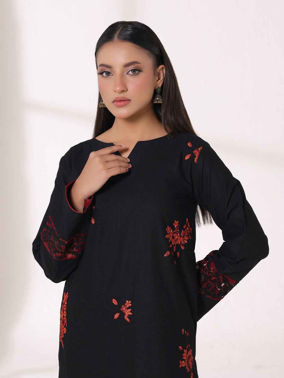 2Pcs Embroidered Pret Shirt Trouser Khaddar Black - OWE2P-25120001-NR-01