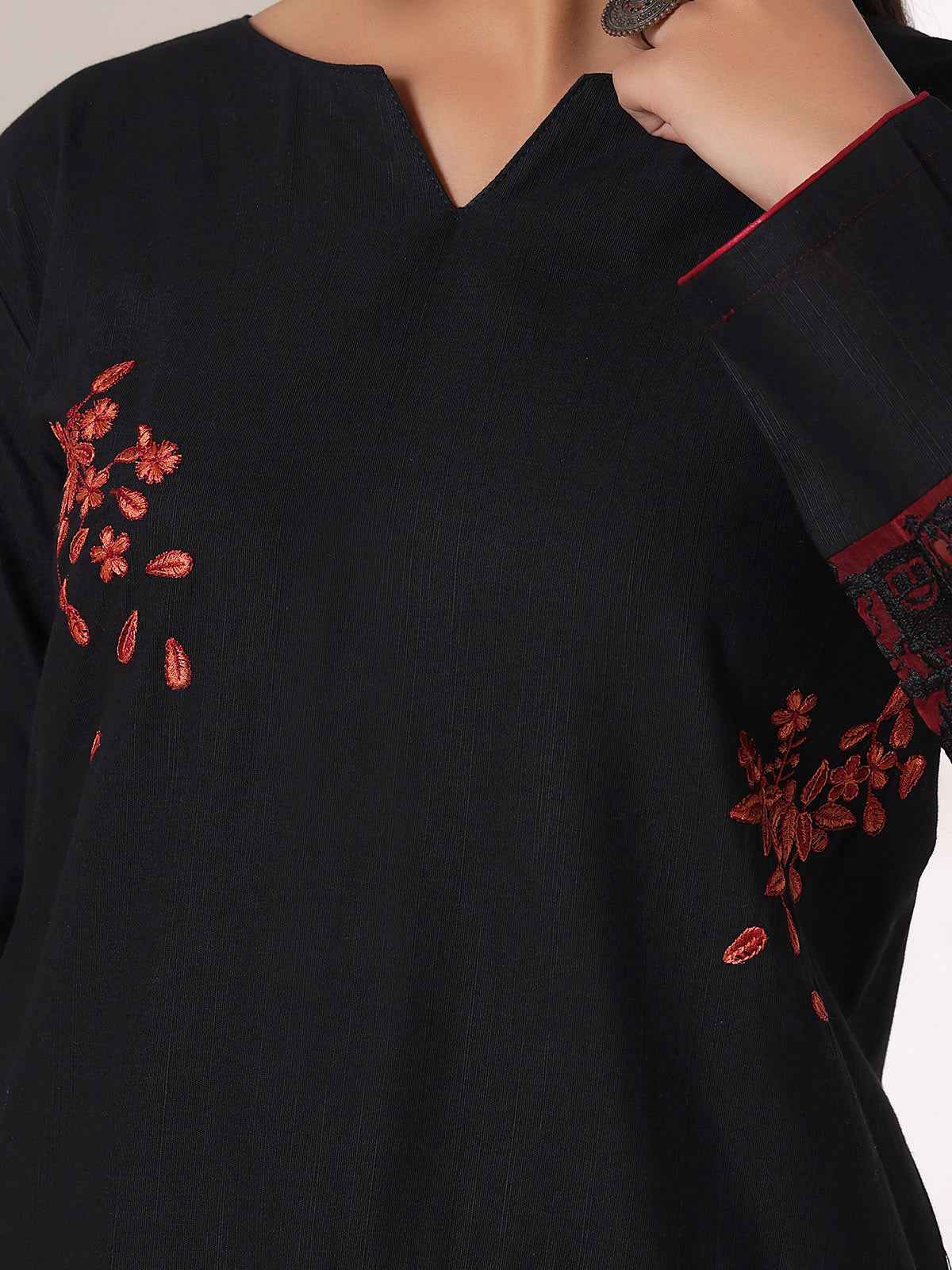 2Pcs Embroidered Pret Shirt Trouser Khaddar Black - OWE2P-25120001-NR-01