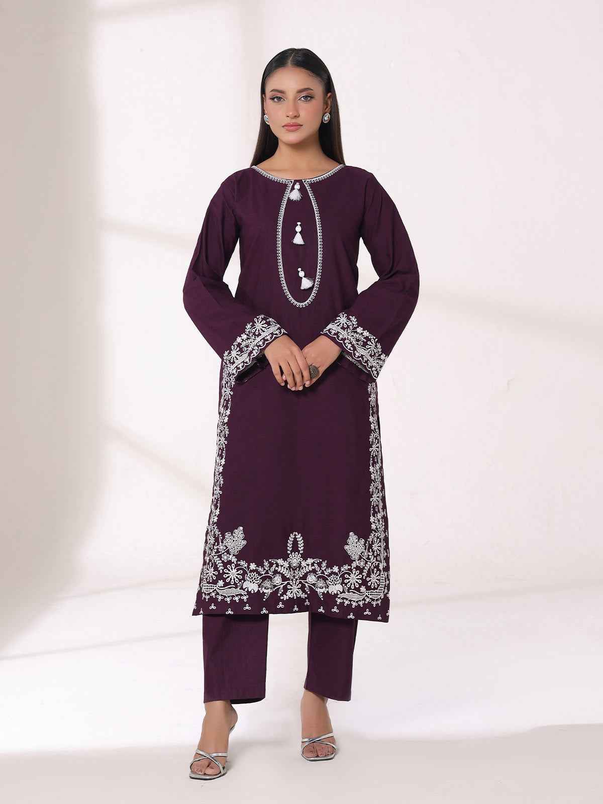 2Pcs Embroidered Pret Shirt Trouser Khaddar Purple - OWE2P-25120003-NR-03