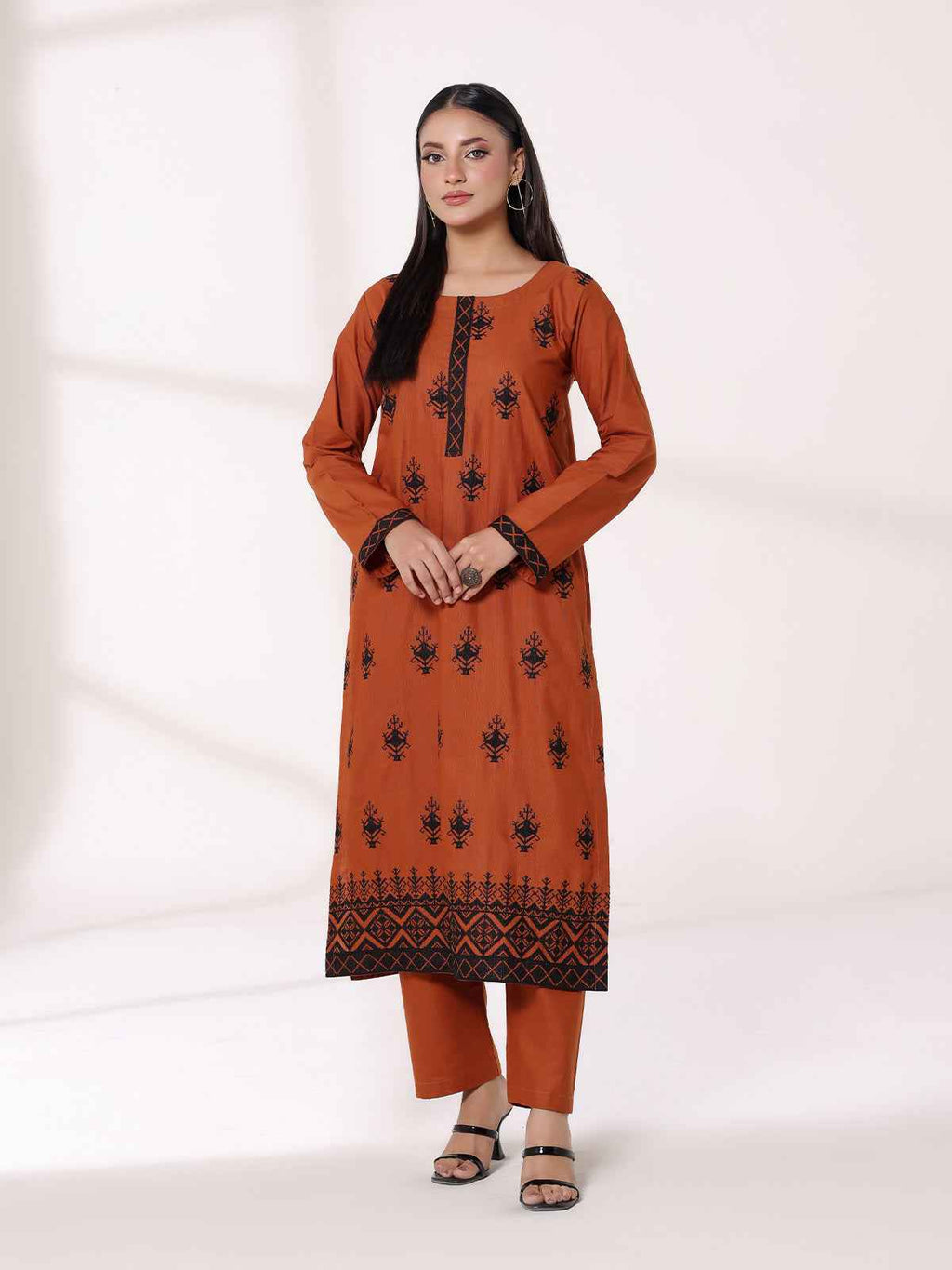 2Pcs Embroidered Pret Shirt Trouser Khaddar Orange - OWE2P-25120004-NR-04