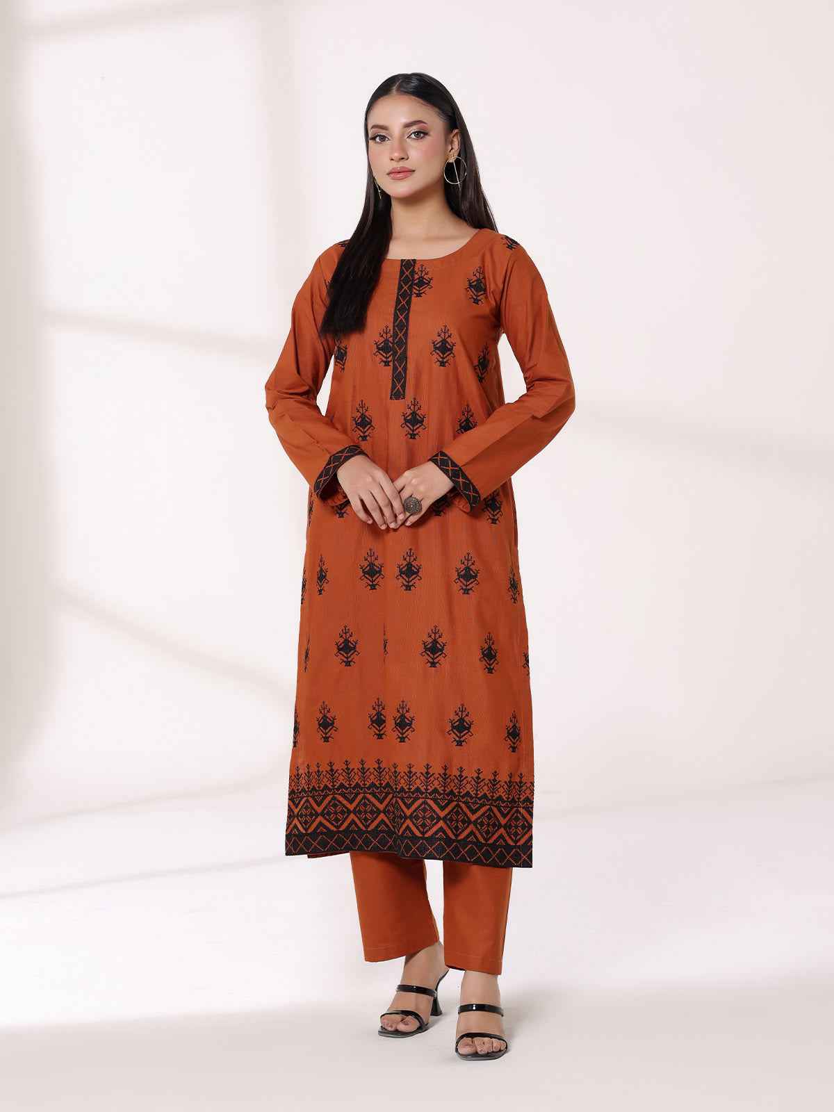 2Pcs Embroidered Pret Shirt Trouser Khaddar Orange - OWE2P-25120004-NR-04