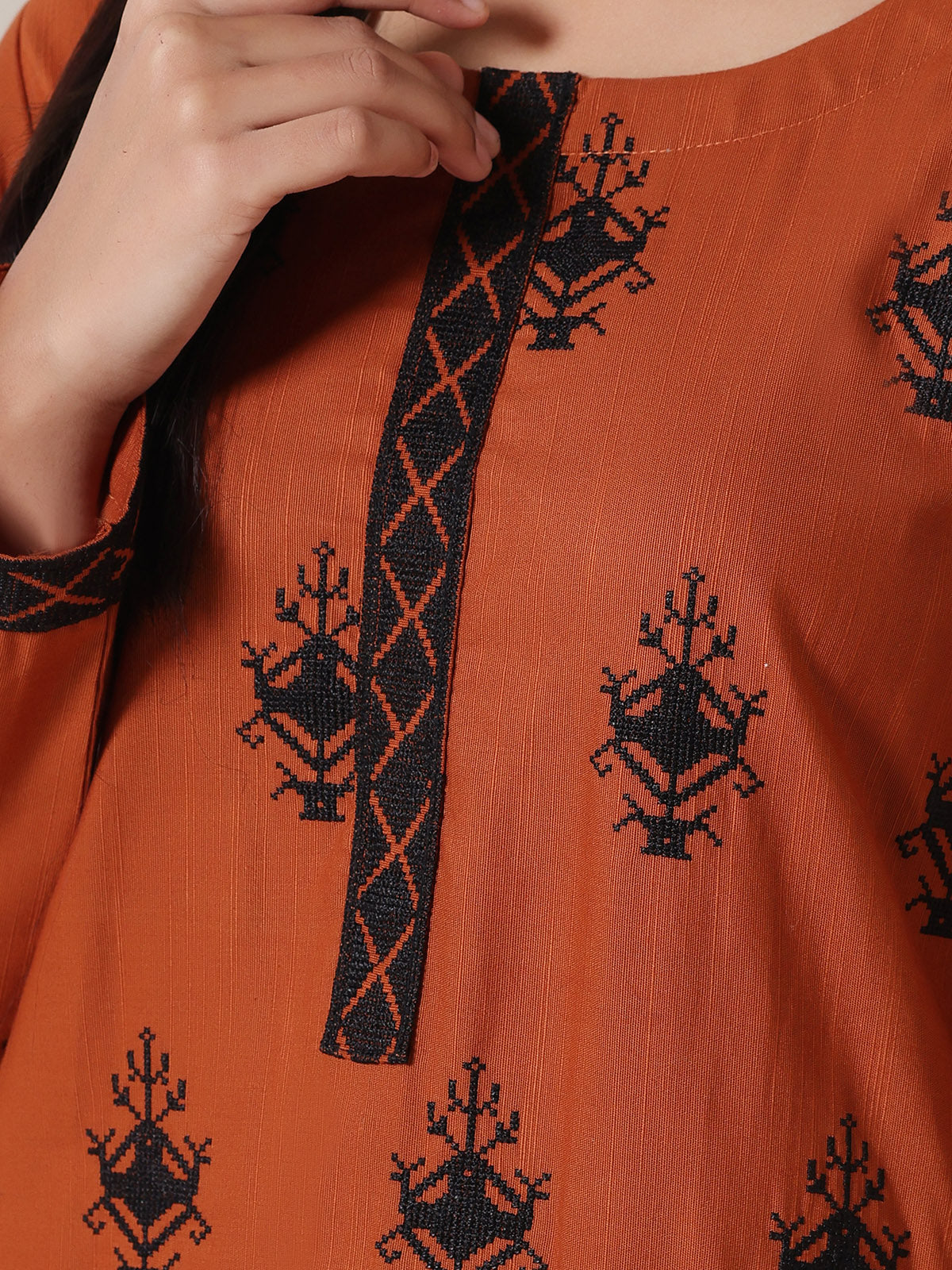 2Pcs Embroidered Pret Shirt Trouser Khaddar Orange - OWE2P-25120004-NR-04