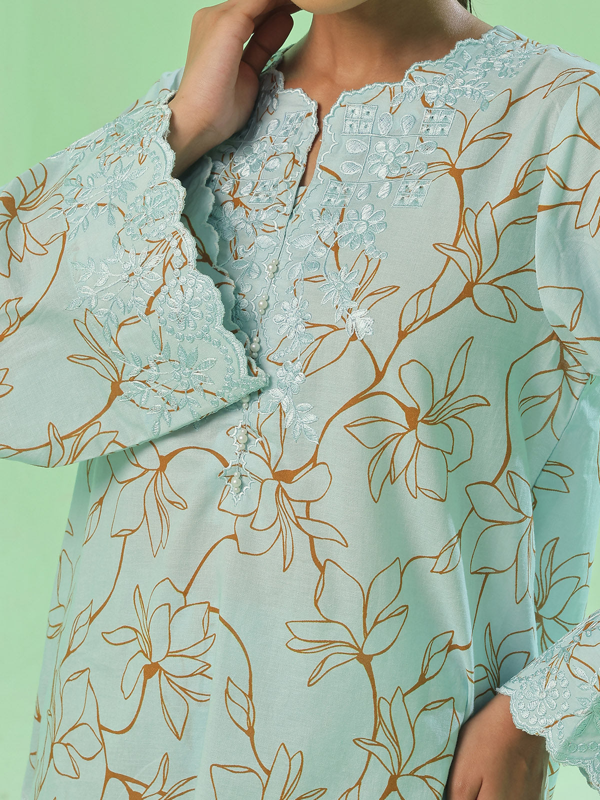 2Pc Embroidered Unstitched Shirt Trouser Lawn Ferozi - OLE2PT-6387-A