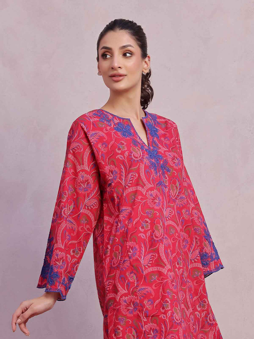 1Pc Embroidered Pret Kurti Lawn Red - OWEKT-2505048
