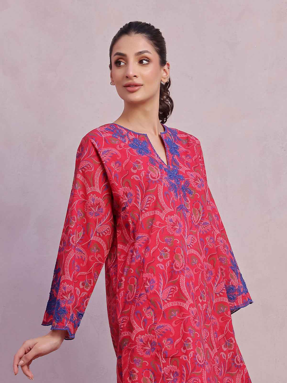 1Pc Embroidered Pret Kurti Lawn Red - OWEKT-2505048