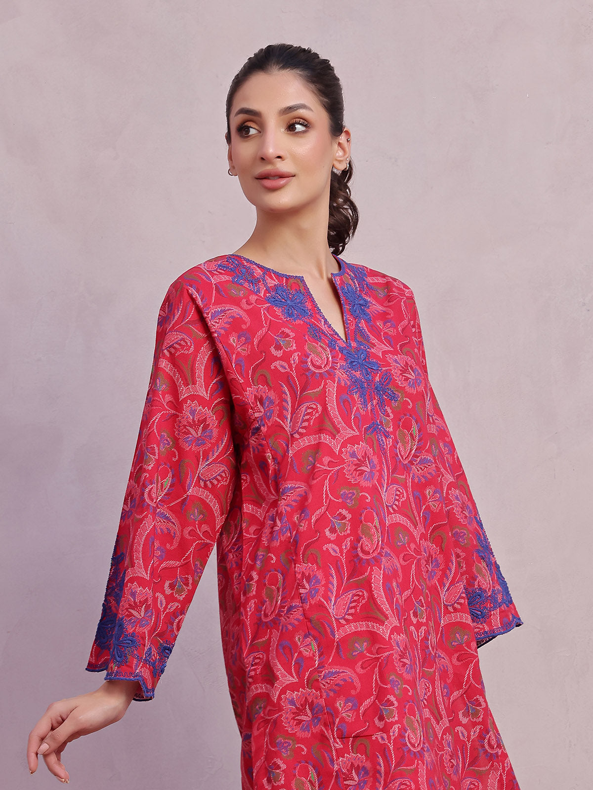 1Pc Embroidered Pret Kurti Lawn Red - OWEKT-2505048