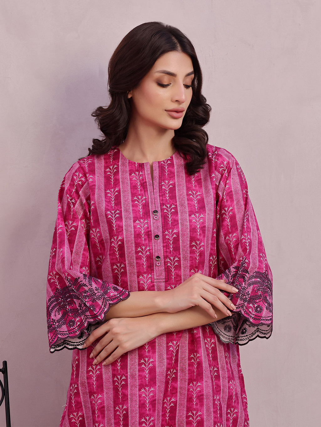 2Pc Embroidered Unstitched Shirt Trouser Lawn Magenta - OLE2PT-6397-A