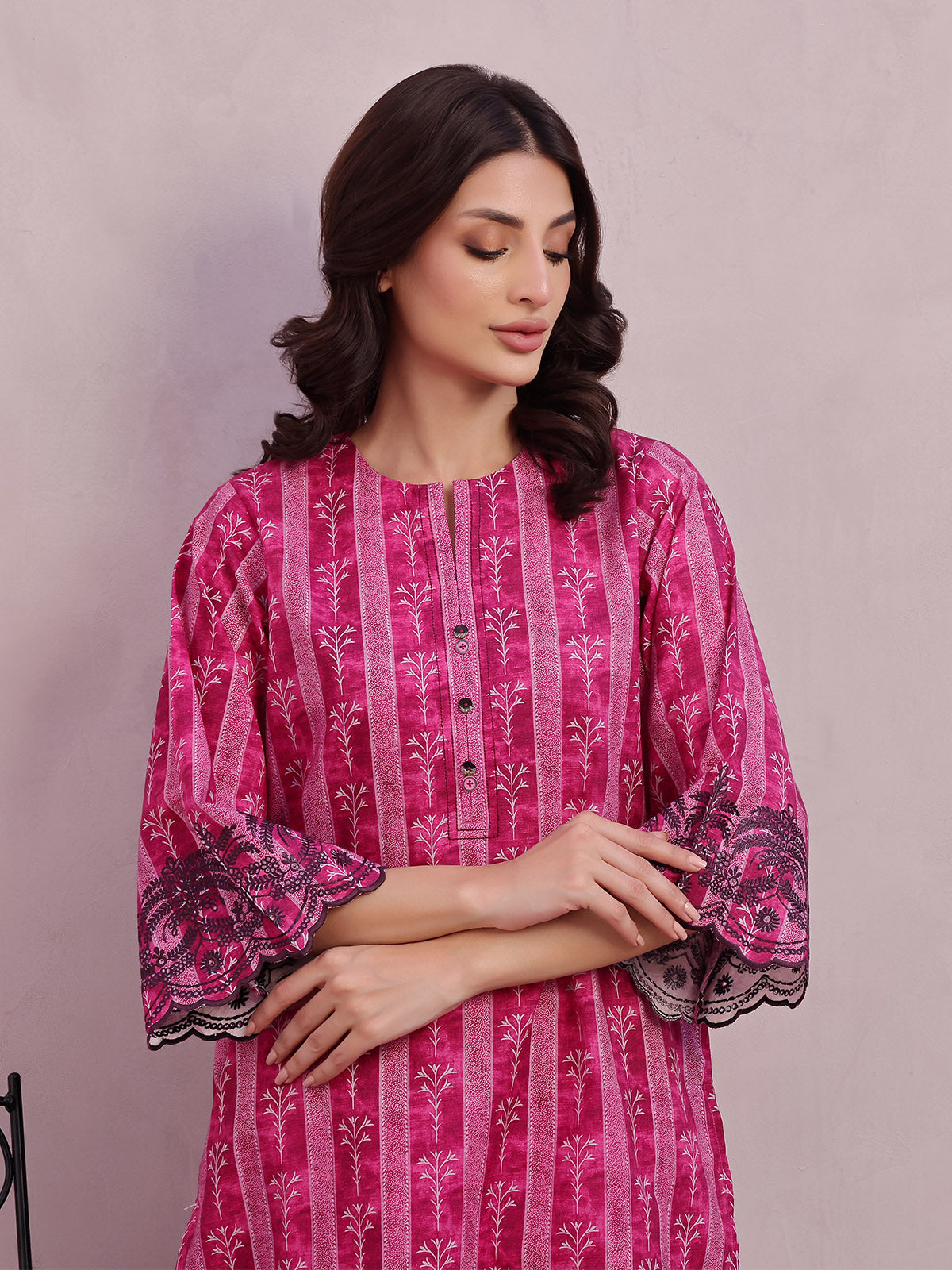 2Pc Embroidered Unstitched Shirt Trouser Lawn Magenta - OLE2PT-6397-A