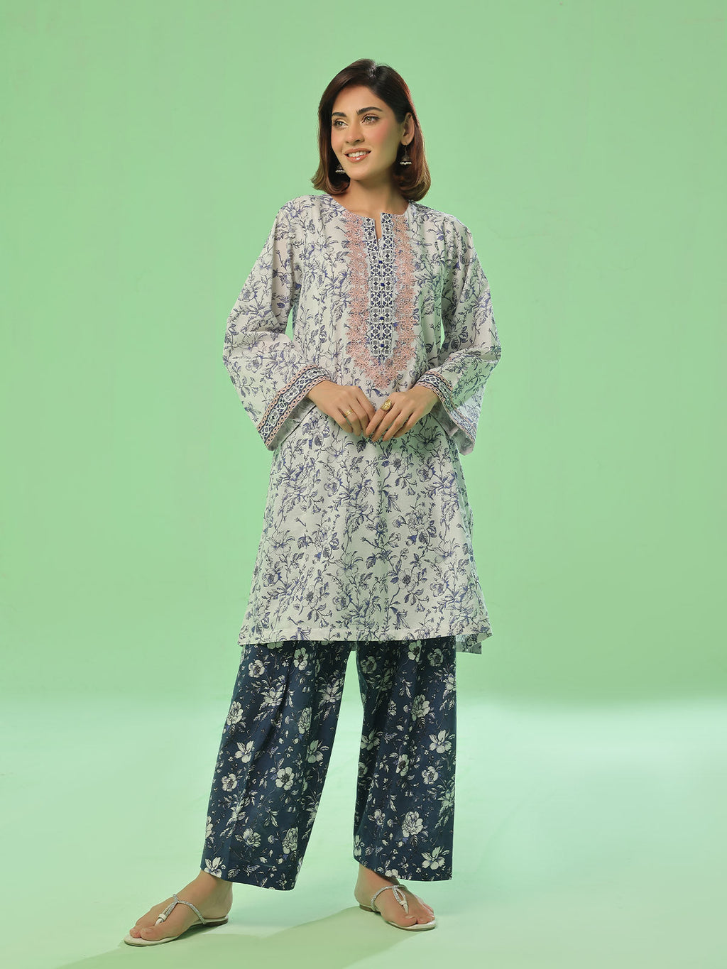 2Pc Embroidered Unstitched Shirt Trouser Lawn White & Blue - OLE2PT-6393-A