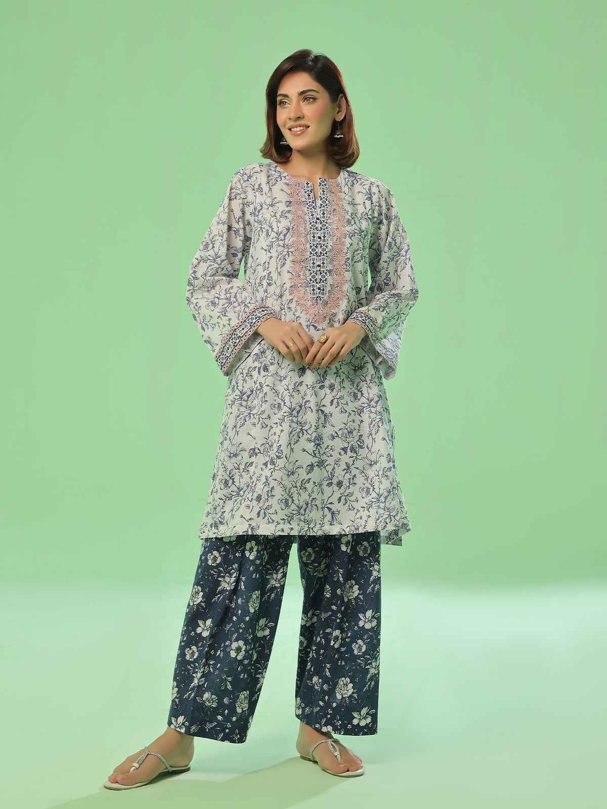 2Pc Embroidered Pret & Unstitched Shirt Trouser Lawn White & Blue