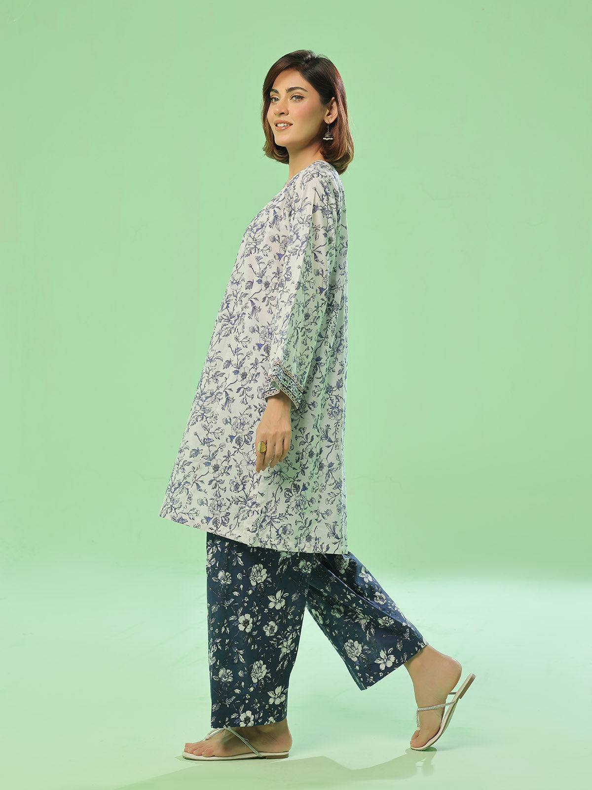 2Pc Embroidered Pret Shirt Trouser Lawn White & Blue - OWE2P-2505050