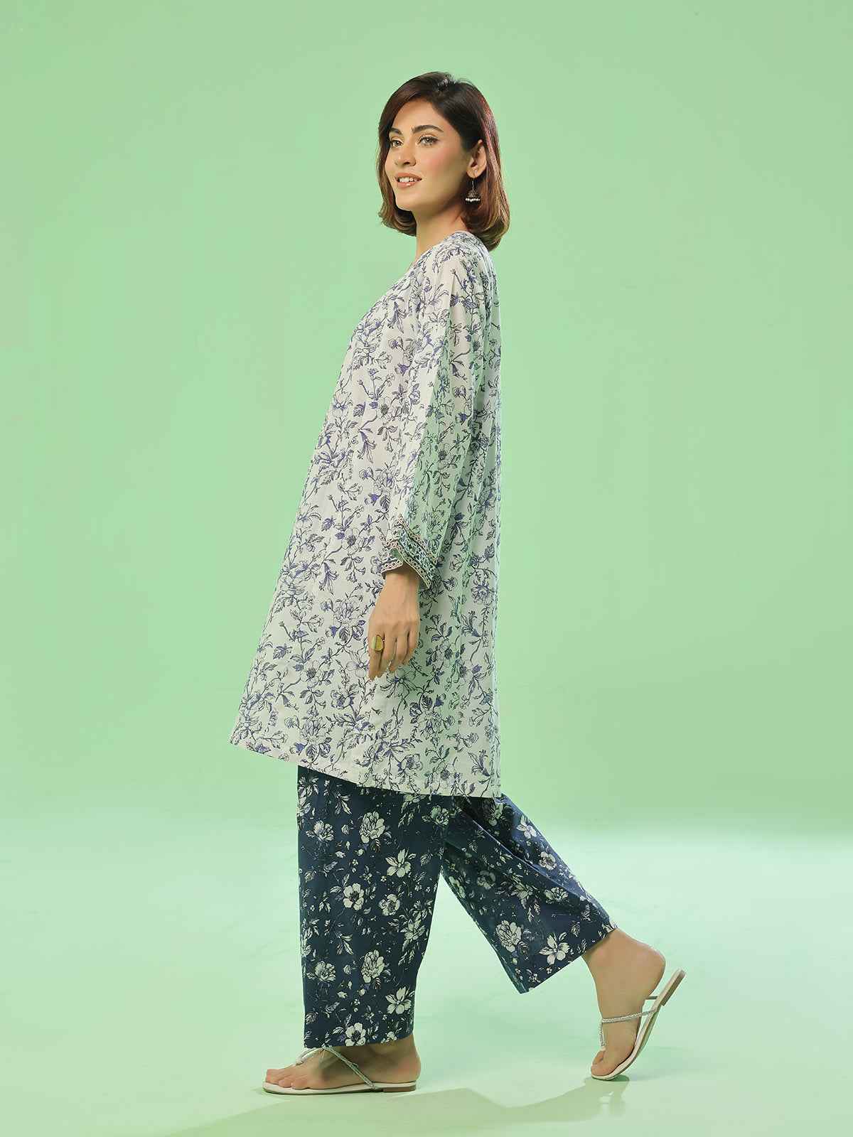 2Pc Embroidered Pret & Unstitched Shirt Trouser Lawn White & Blue