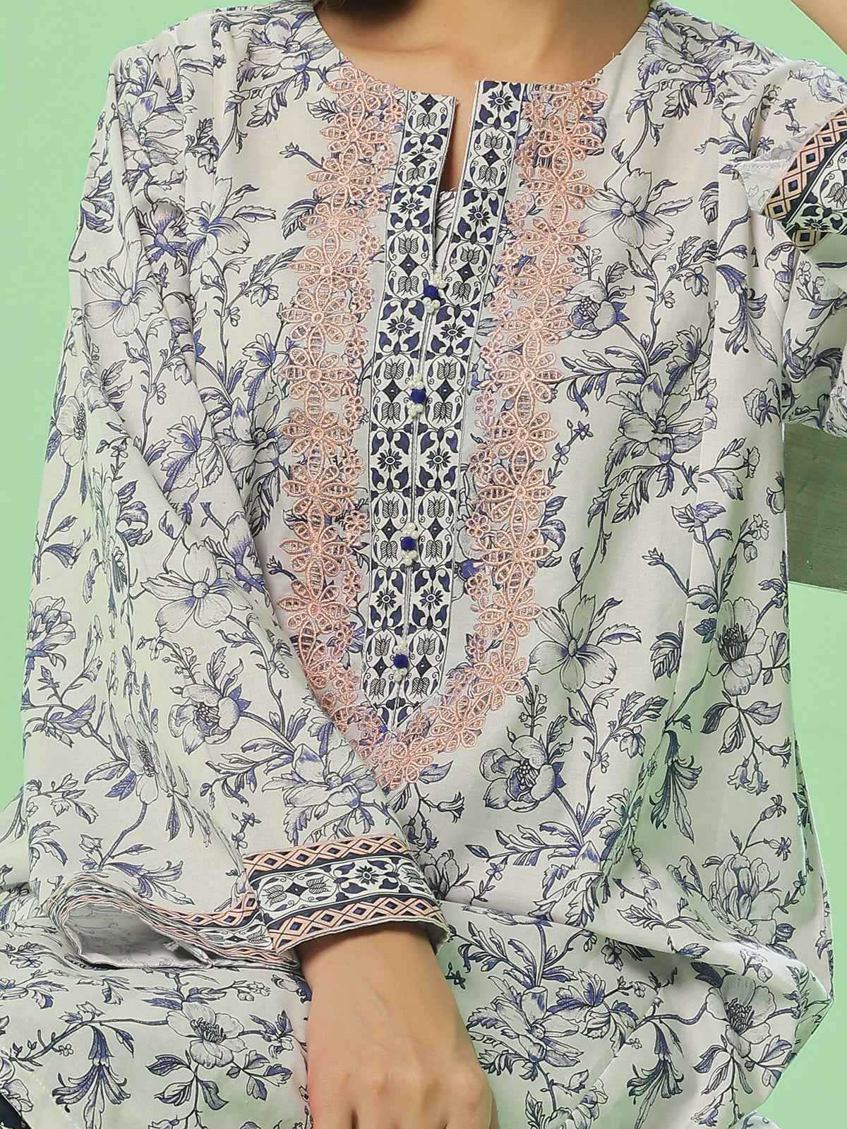 2Pc Embroidered Pret & Unstitched Shirt Trouser Lawn White & Blue