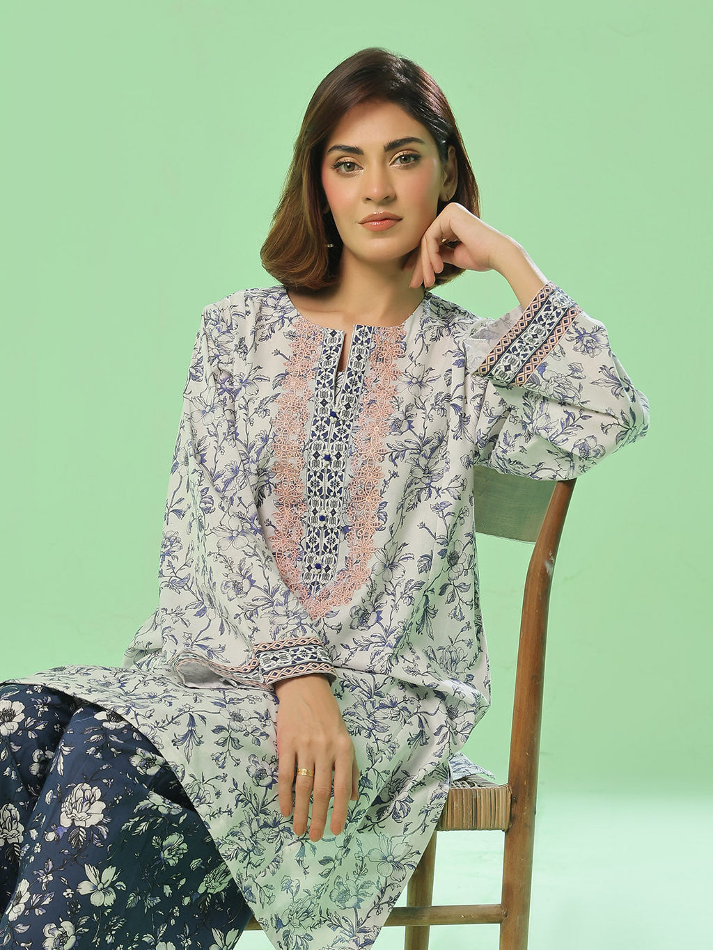 2Pc Embroidered Unstitched Shirt Trouser Lawn White & Blue - OLE2PT-6393-A