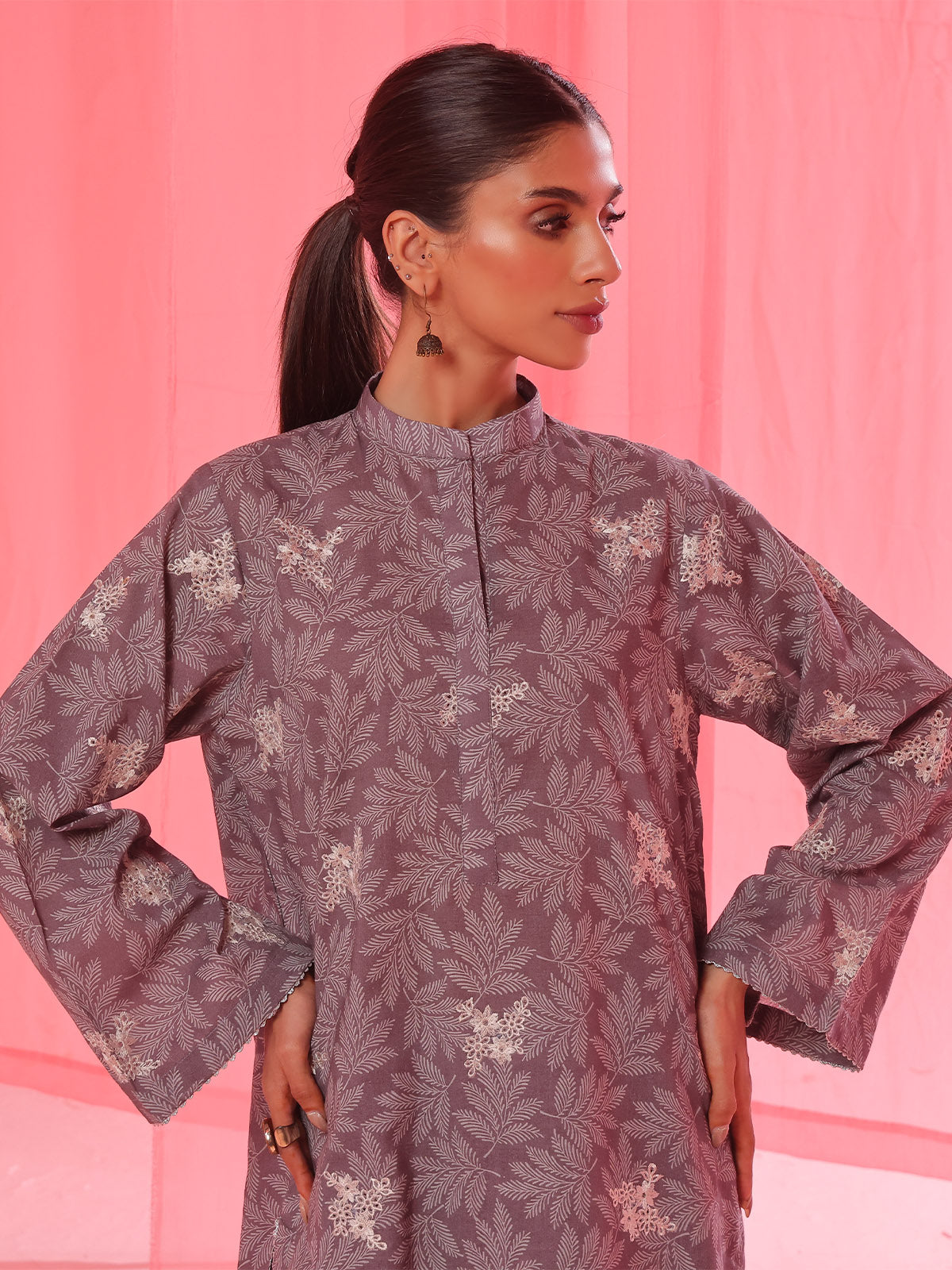 2Pc Embroidered Unstitched Shirt Trouser Lawn Dark Grey - OLE2PT-6352-A