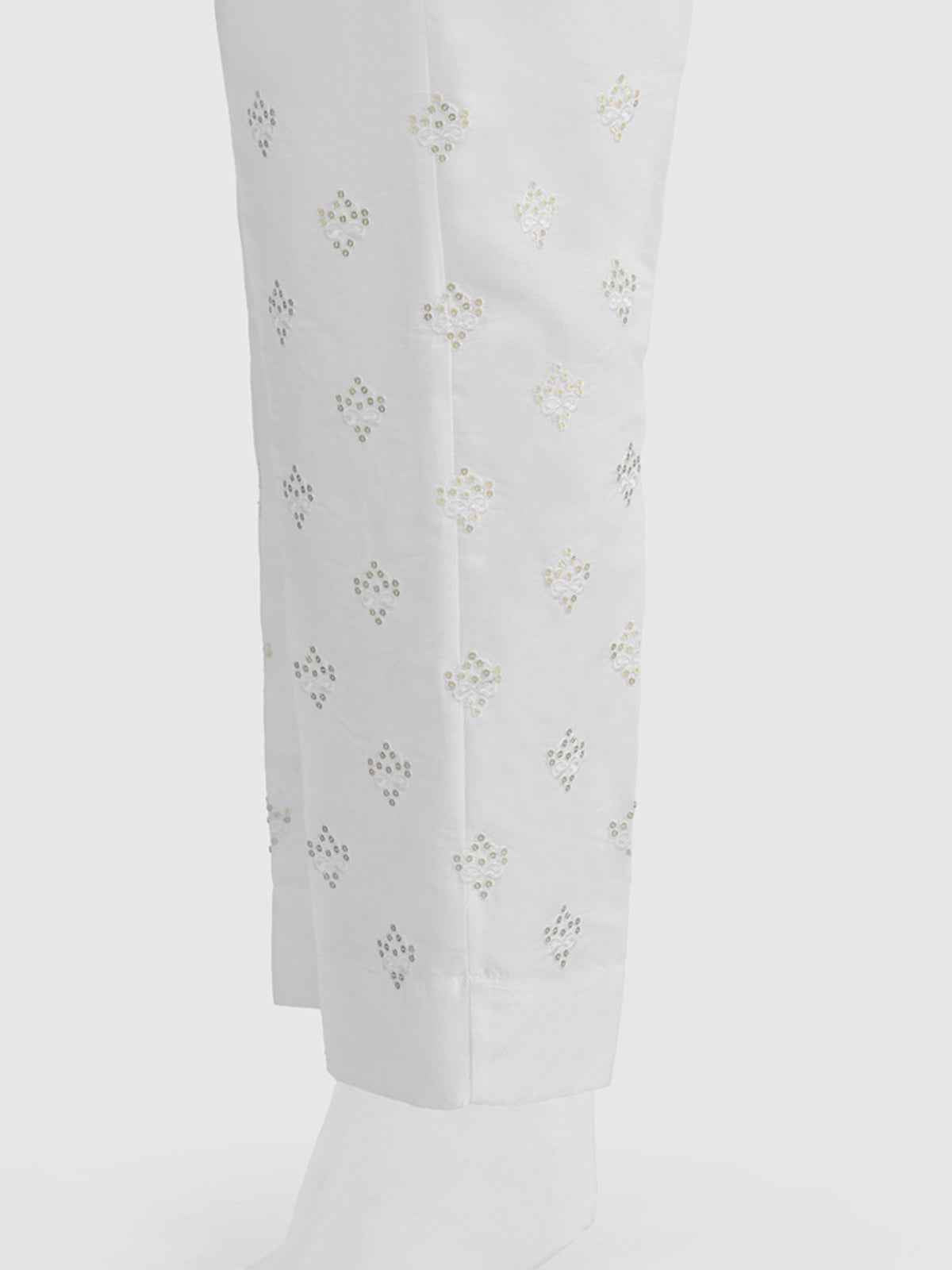 Women White Cotton Silk Embroidered Trouser - OWESP-2301024-4