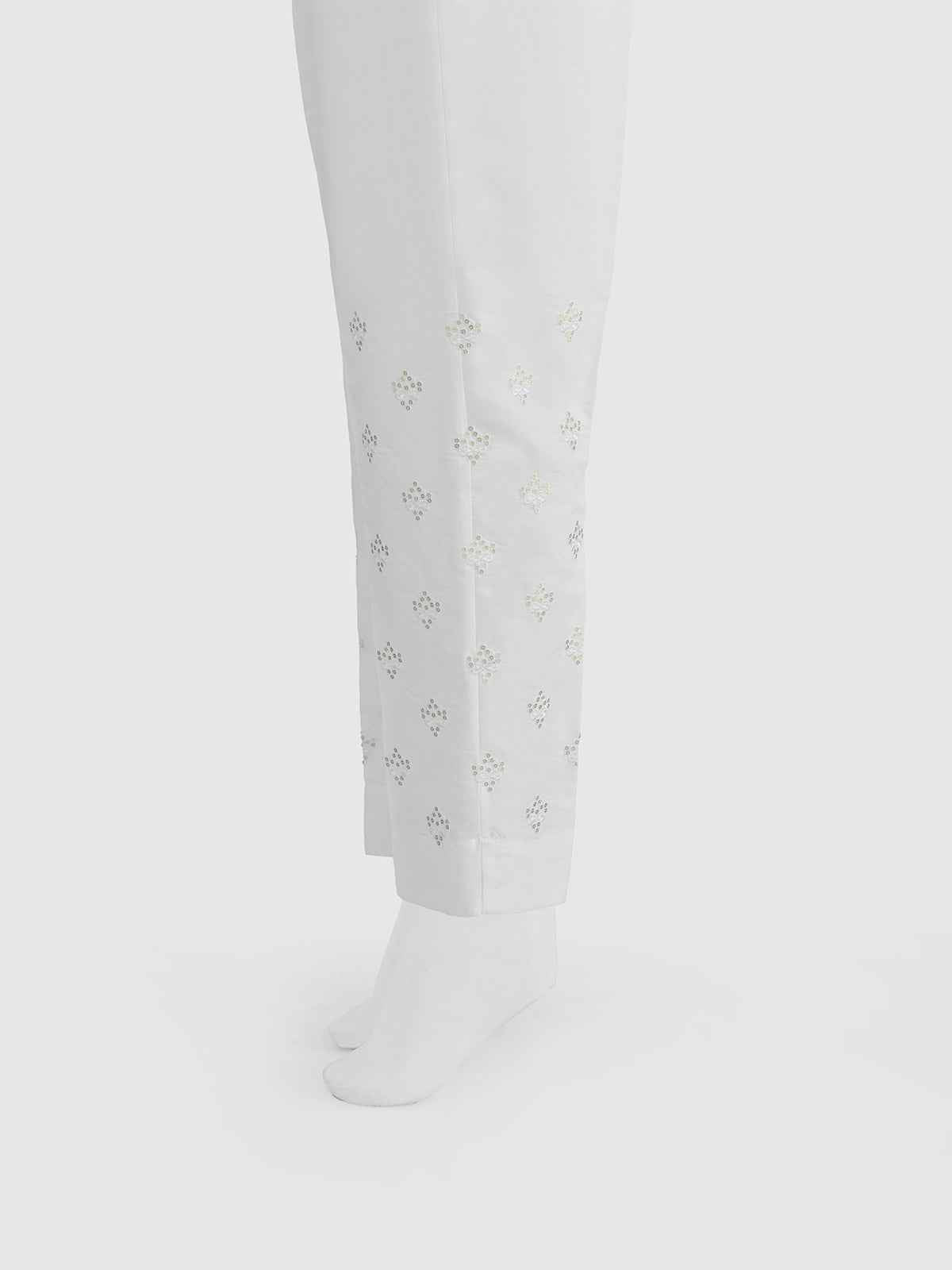Women White Cotton Silk Embroidered Trouser - OWESP-2301024-4