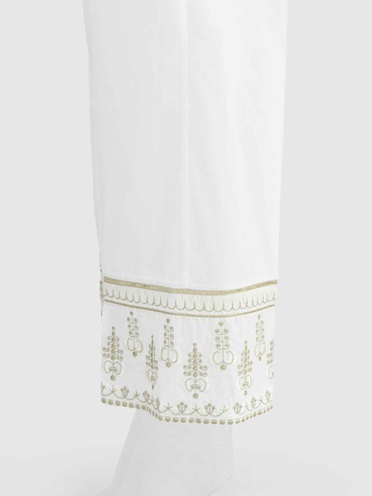 Women White Cambric Embroidered Trouser - OWESP-2301030