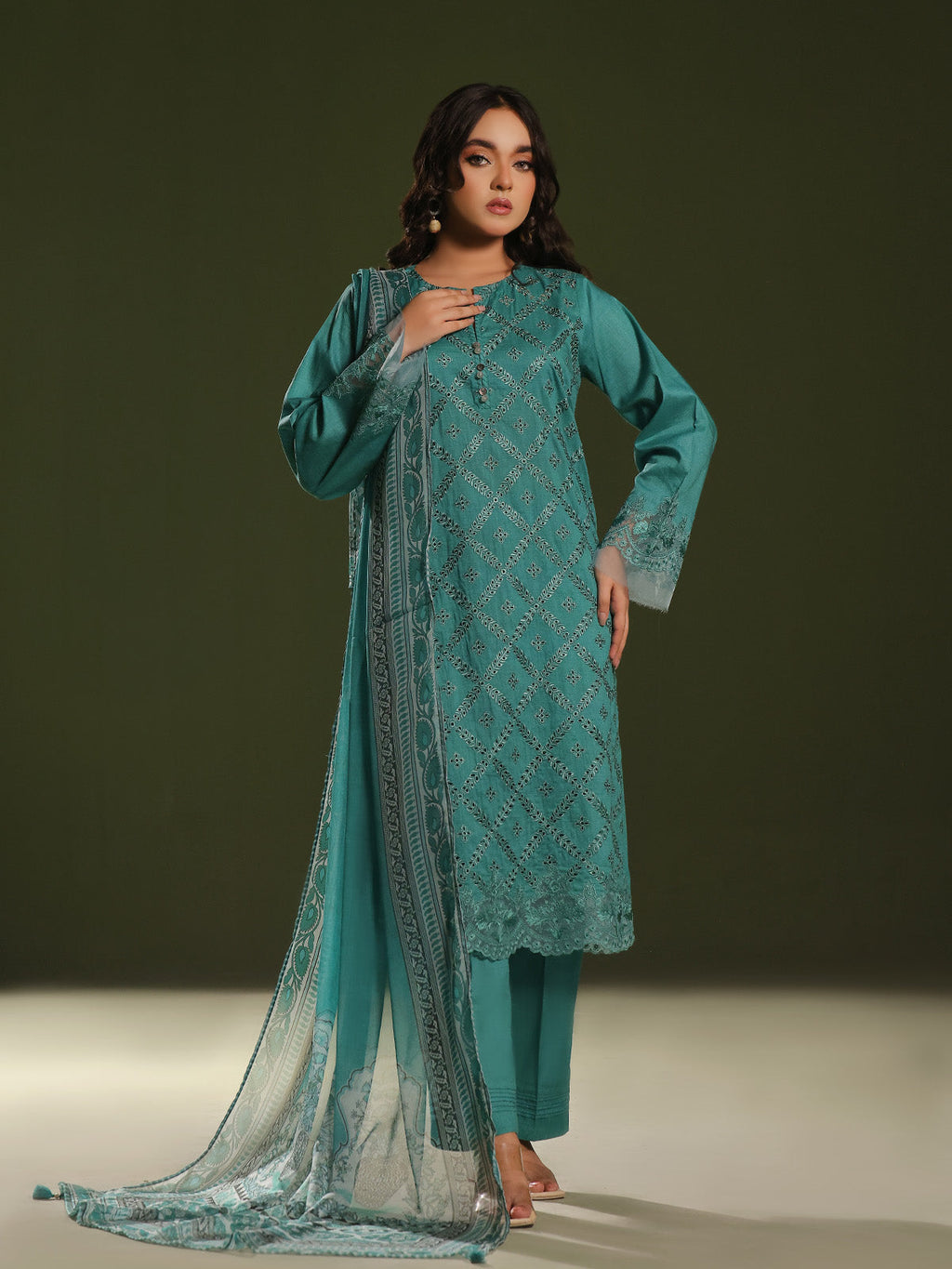 3Pc Embroidered Pret Suit Cambric Green - OWE3P-2411010
