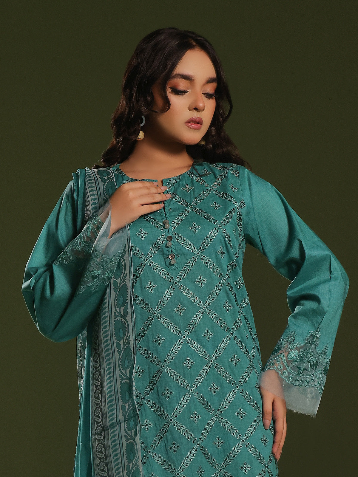 3Pc Embroidered Unstitched Cambric Green - OCCE3P-6264-B