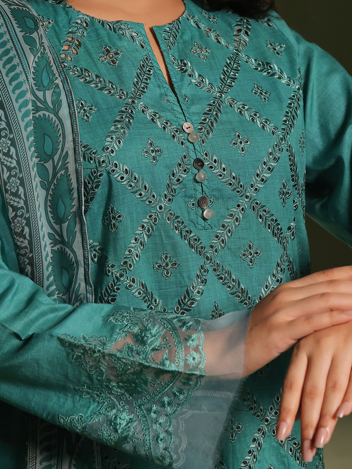 3Pc Embroidered Unstitched Cambric Green - OCCE3P-6264-B