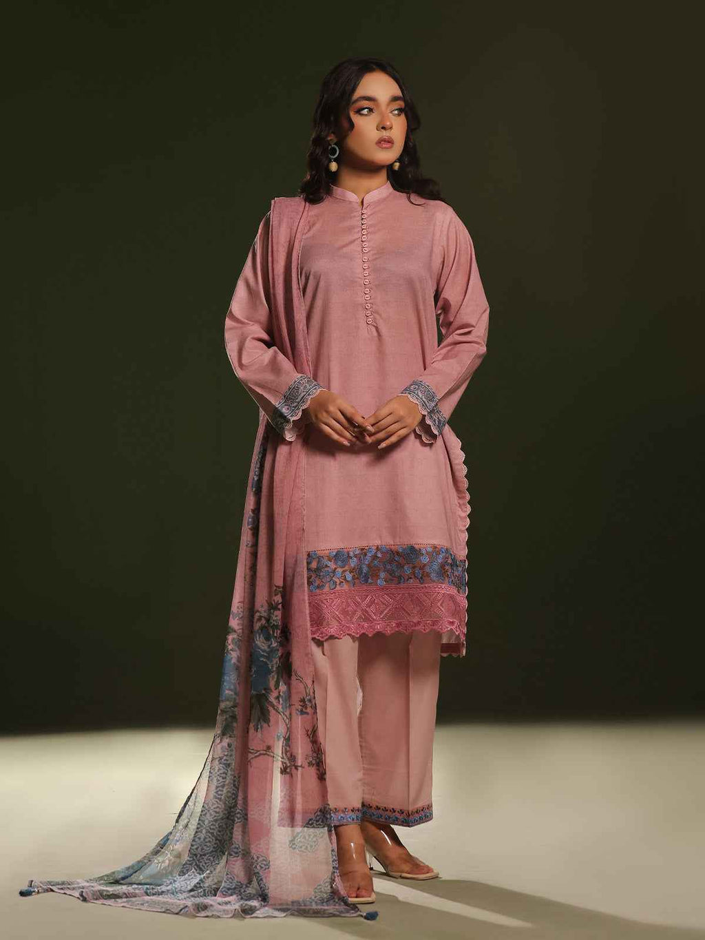 3Pc Printed Pret Suit Cambric Pink - OWE3P-2411012