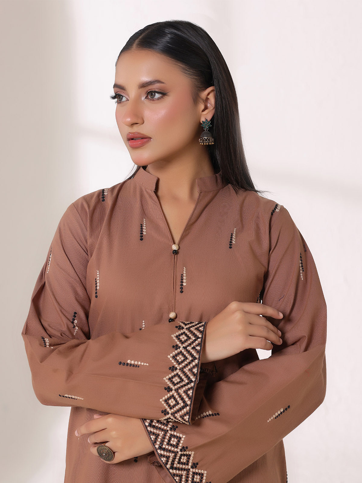 2Pcs Embroidered Pret Shirt Trouser Khaddar Beige - OWE2P-25120005-NR-05