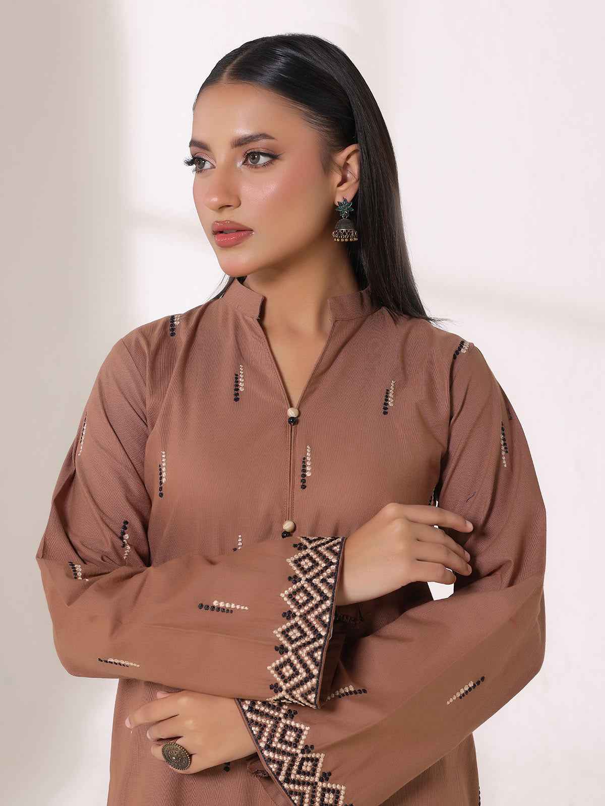 2Pcs Embroidered Pret Shirt Trouser Khaddar Beige - OWE2P-25120005-NR-05