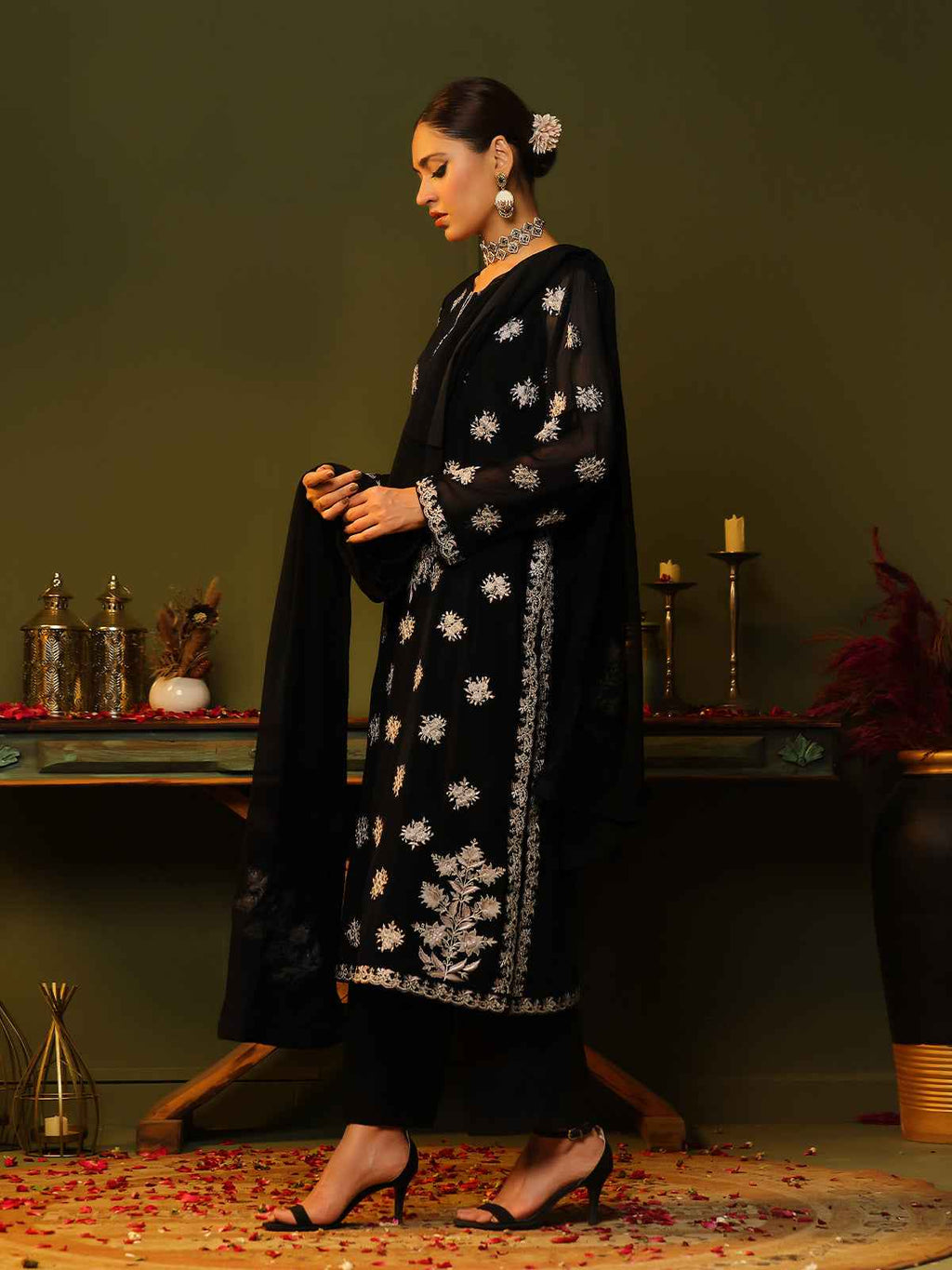 3Pc Embroidered Pret Suit Dyed Chiffon Black - OWE3P-2405007