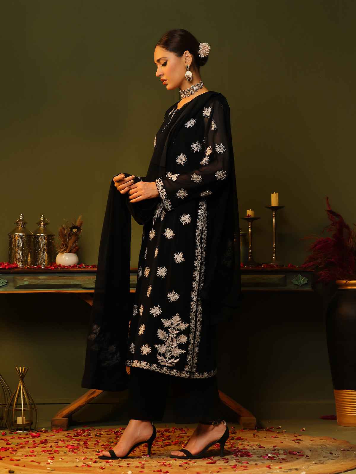 3Pc Embroidered Pret Suit Dyed Chiffon Black - OWE3P-2405007