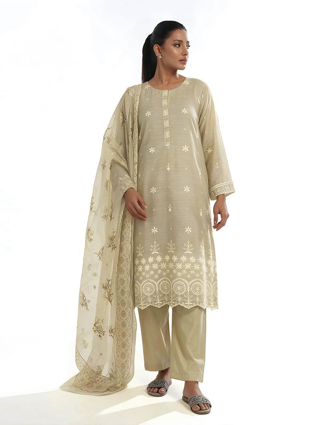 3Pc Embroidered Pret Suit Organza Net Slub Beige - OWE3P-2601004