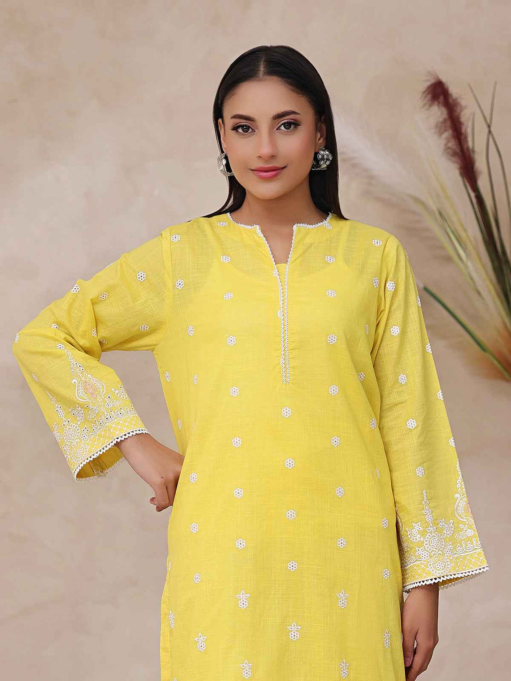 2Pc Embroidered Pret Shirt Trouser Dyed Slub Yellow - OWE2P-2503010