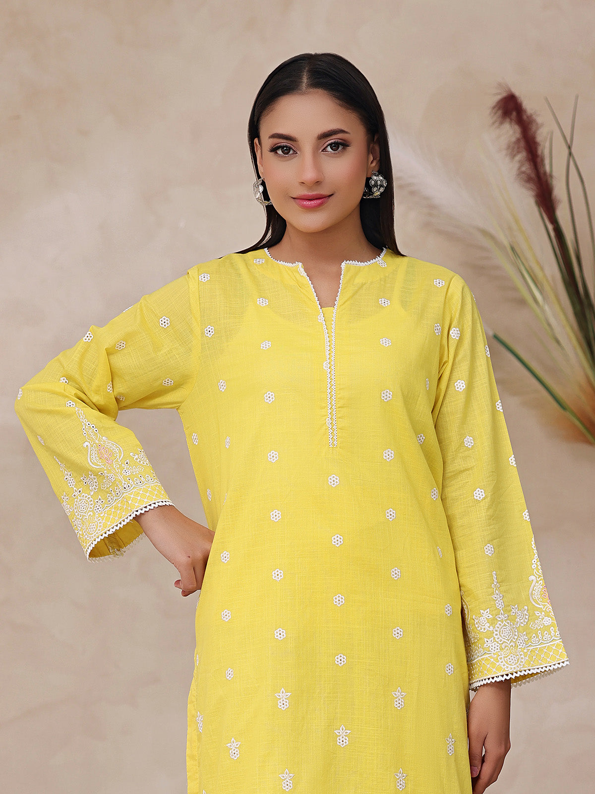 2Pc Embroidered Pret Shirt Trouser Dyed Slub Yellow - OWE2P-2503010