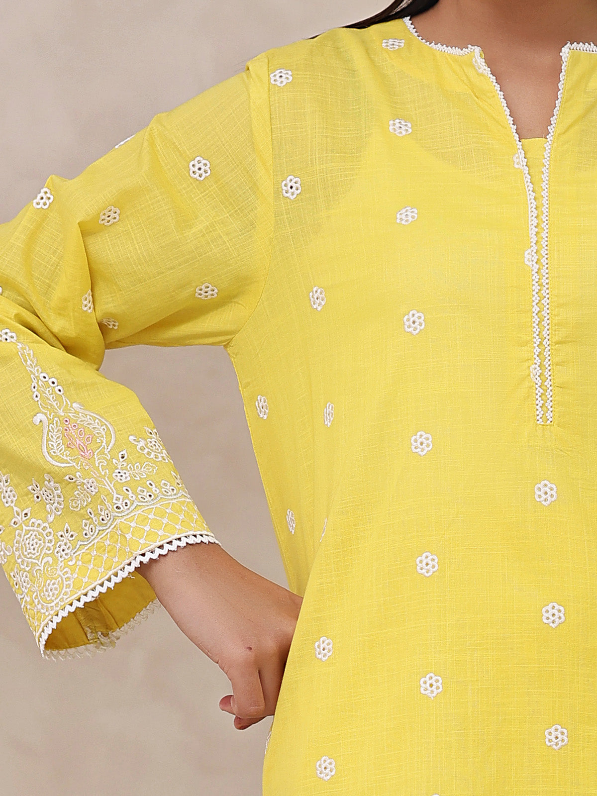 2Pc Embroidered Pret Shirt Trouser Dyed Slub Yellow - OWE2P-2503010