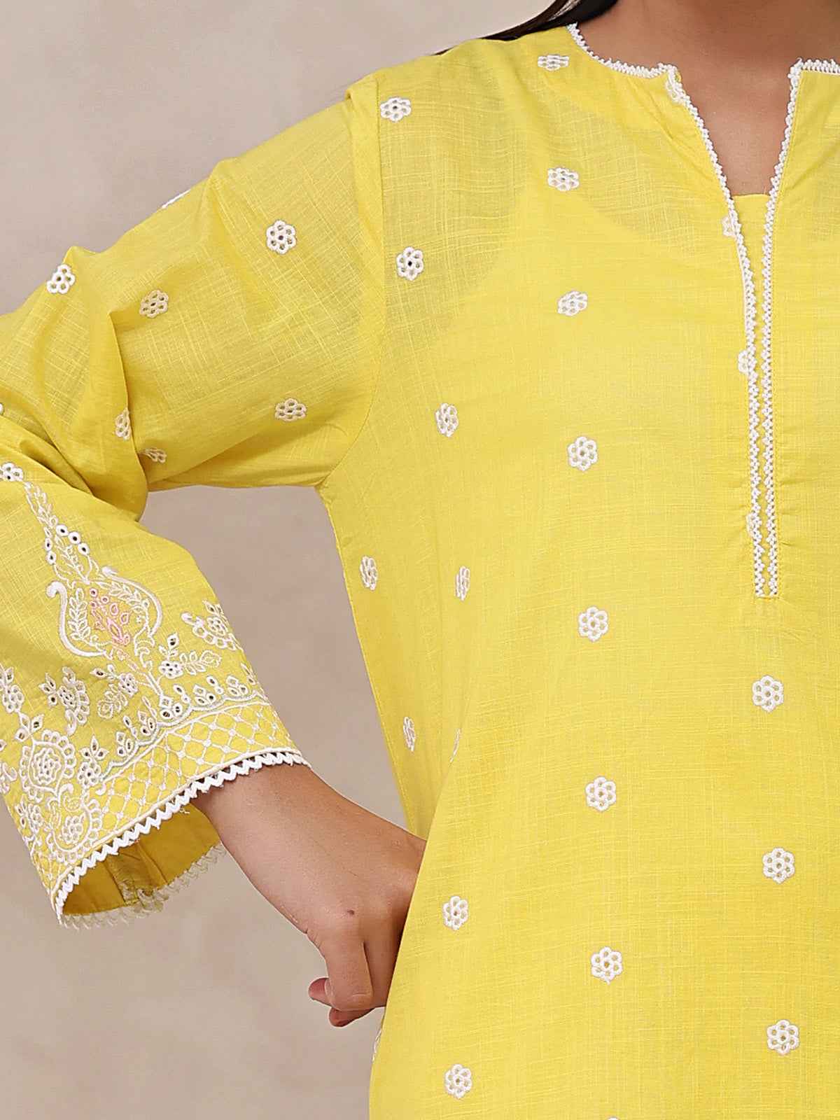 2Pc Embroidered Pret Shirt Trouser Dyed Slub Yellow - OWE2P-2503010