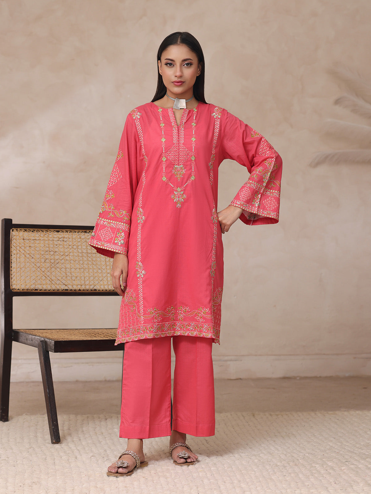 2Pc Embroidered Pret Shirt Trouser Dyed Slub Orange - OWE2P-2503011