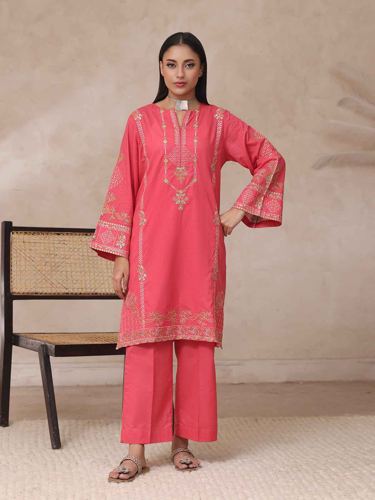 2Pc Embroidered Pret Shirt Trouser Dyed Slub Orange - OWE2P-2503011