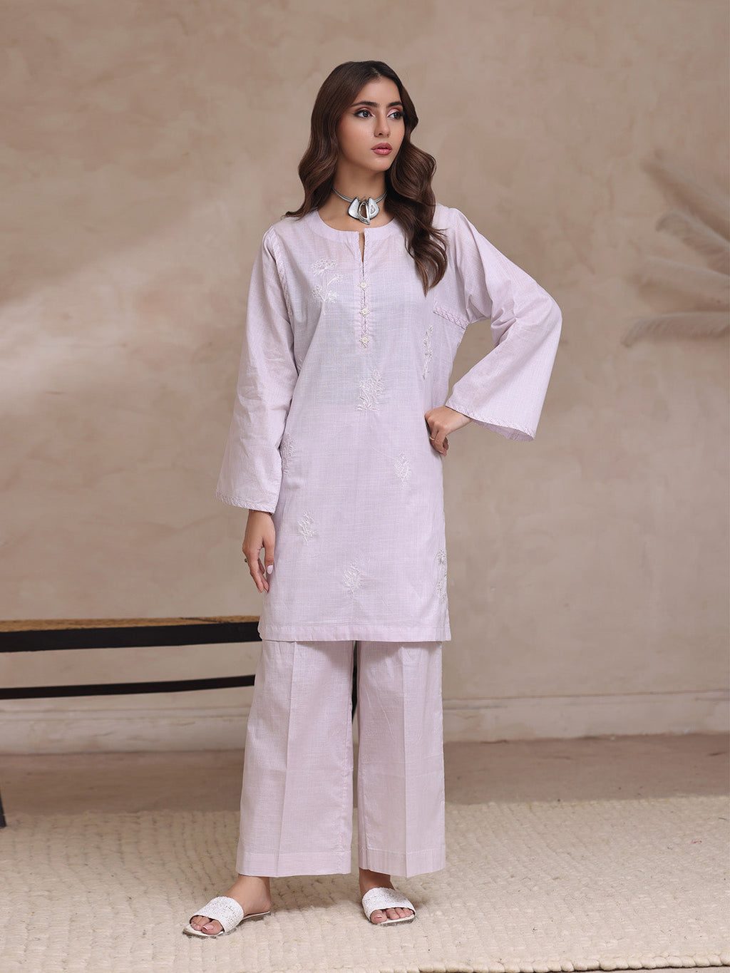 2Pc Embroidered Pret Shirt Trouser Dyed Slub Light Grey - OWE2P-2503012