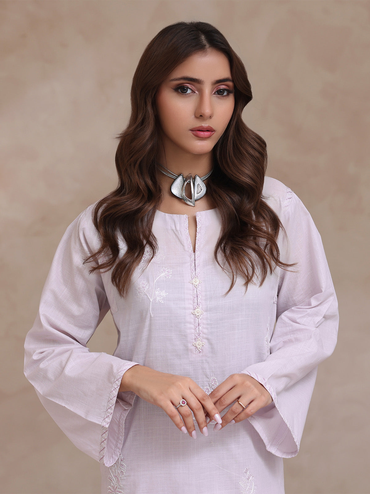 2Pc Embroidered Pret Shirt Trouser Dyed Slub Light Grey - OWE2P-2503012