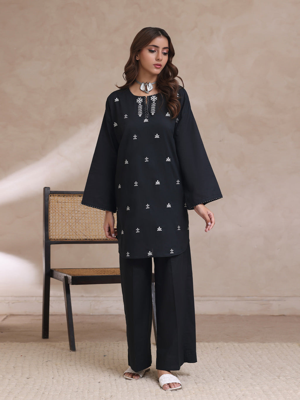 2Pc Embroidered Pret Shirt Trouser Cambric Black - OWE2P-2503021