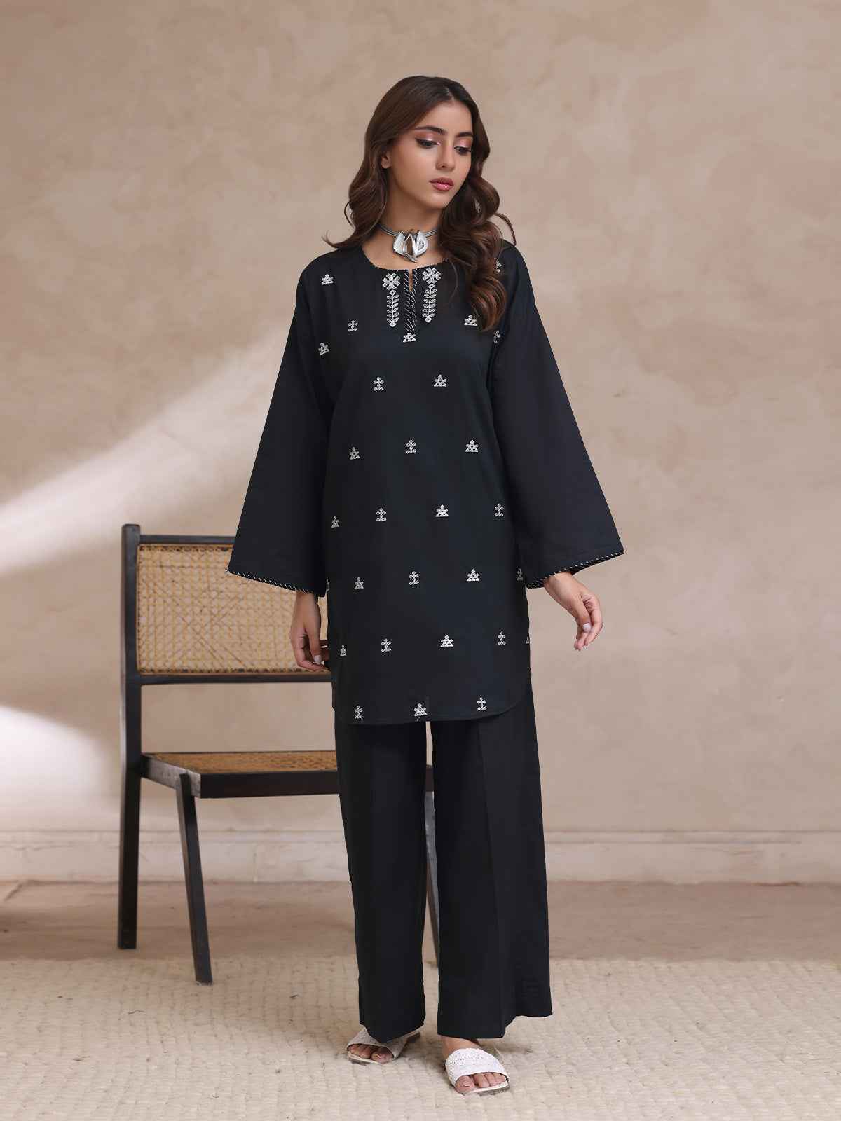 2Pc Embroidered Pret Shirt Trouser Cambric Black - OWE2P-2503021