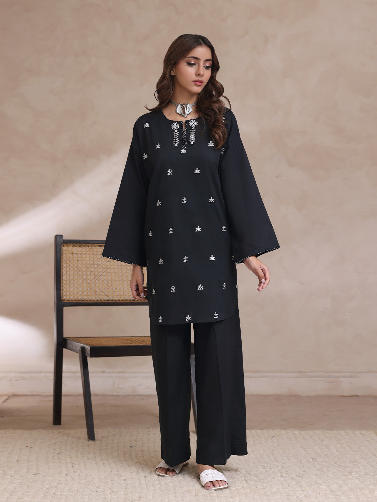 2Pc Embroidered Pret Shirt Trouser Cambric Black - OWE2P-2503021