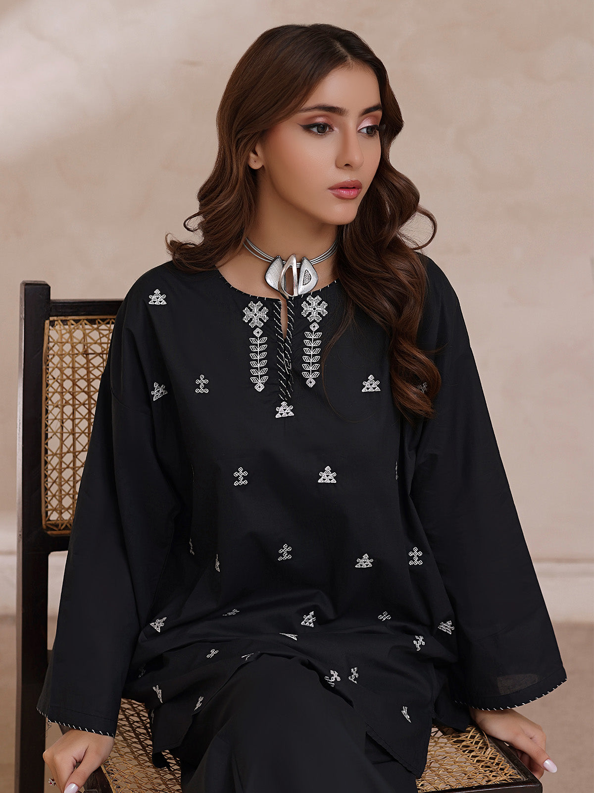 2Pc Embroidered Pret Shirt Trouser Cambric Black - OWE2P-2503021