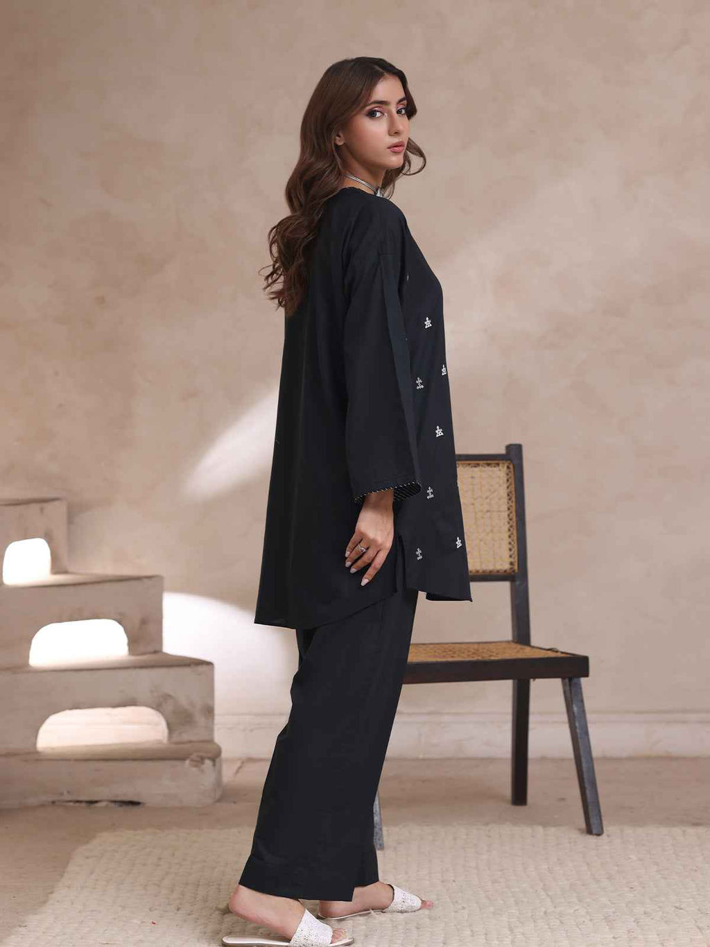2Pc Embroidered Pret Shirt Trouser Cambric Black - OWE2P-2503021