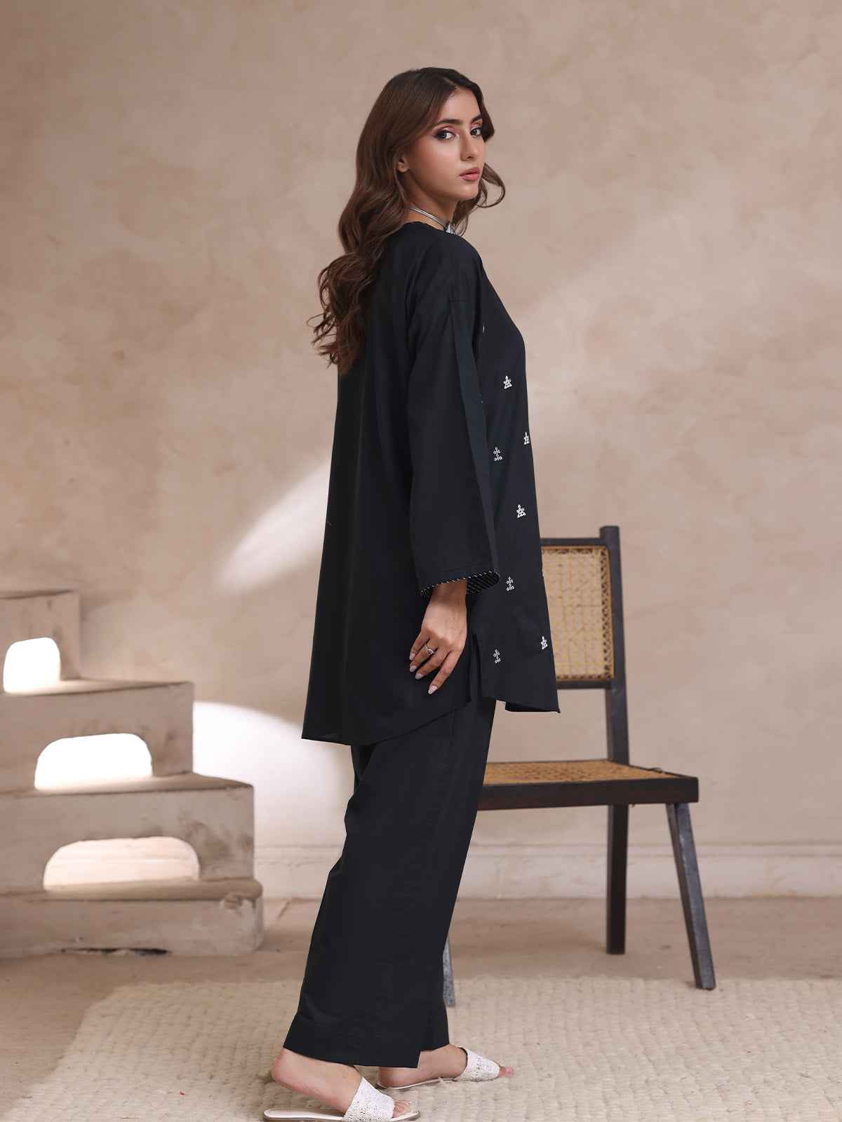 2Pc Embroidered Pret Shirt Trouser Cambric Black - OWE2P-2503021