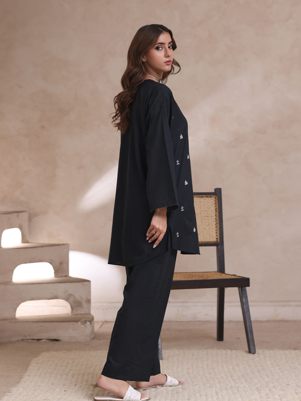 2Pc Embroidered Pret Shirt Trouser Cambric Black - OWE2P-2503021