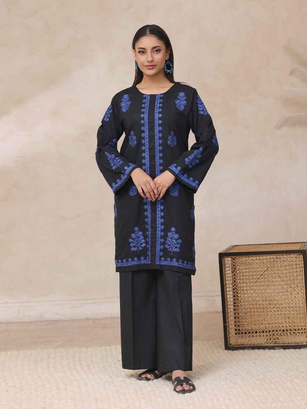2Pc Embroidered Pret Shirt Trouser Cambric Black - OWE2P-2503022