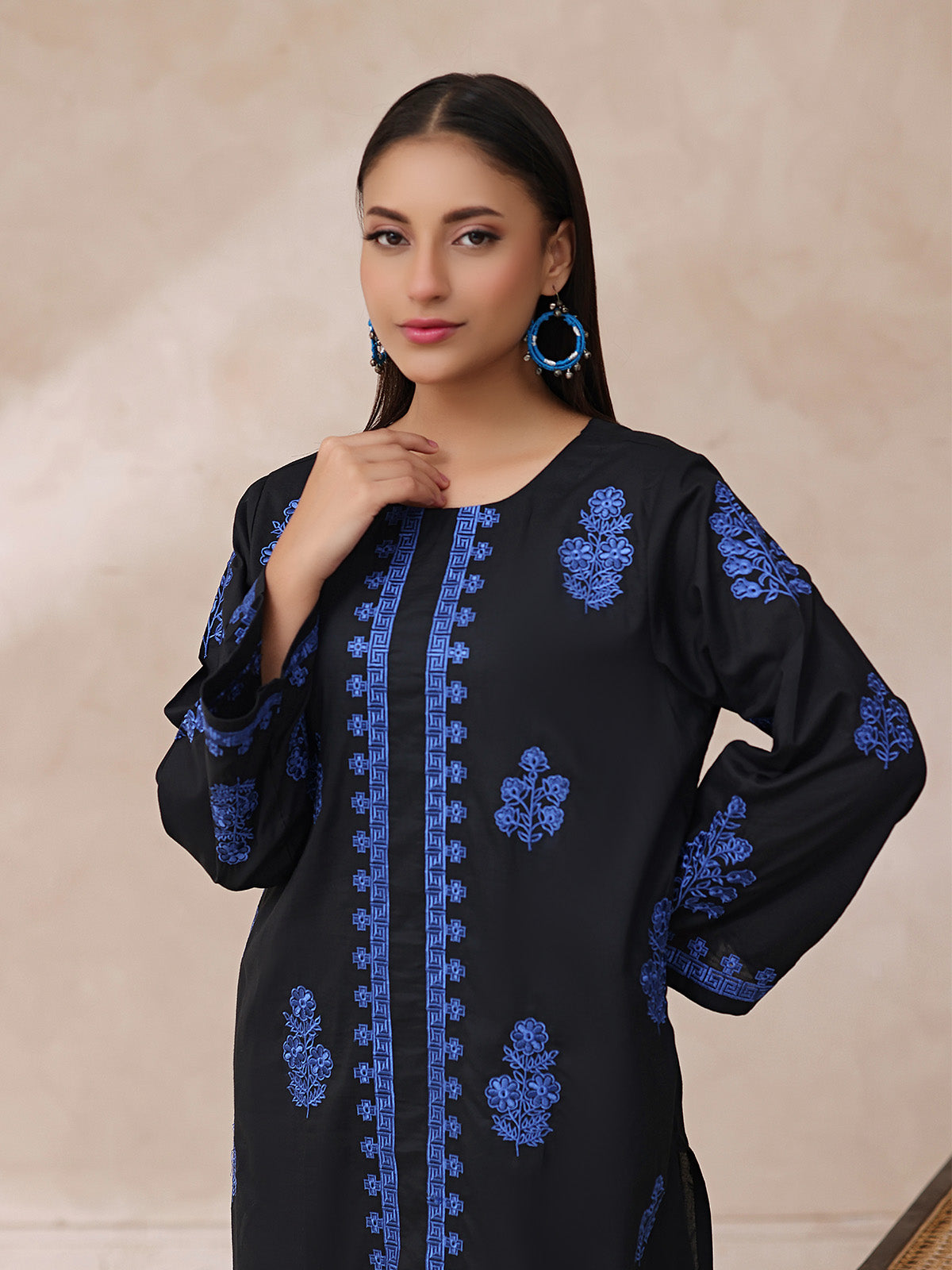 2Pc Embroidered Pret Shirt Trouser Cambric Black - OWE2P-2503022