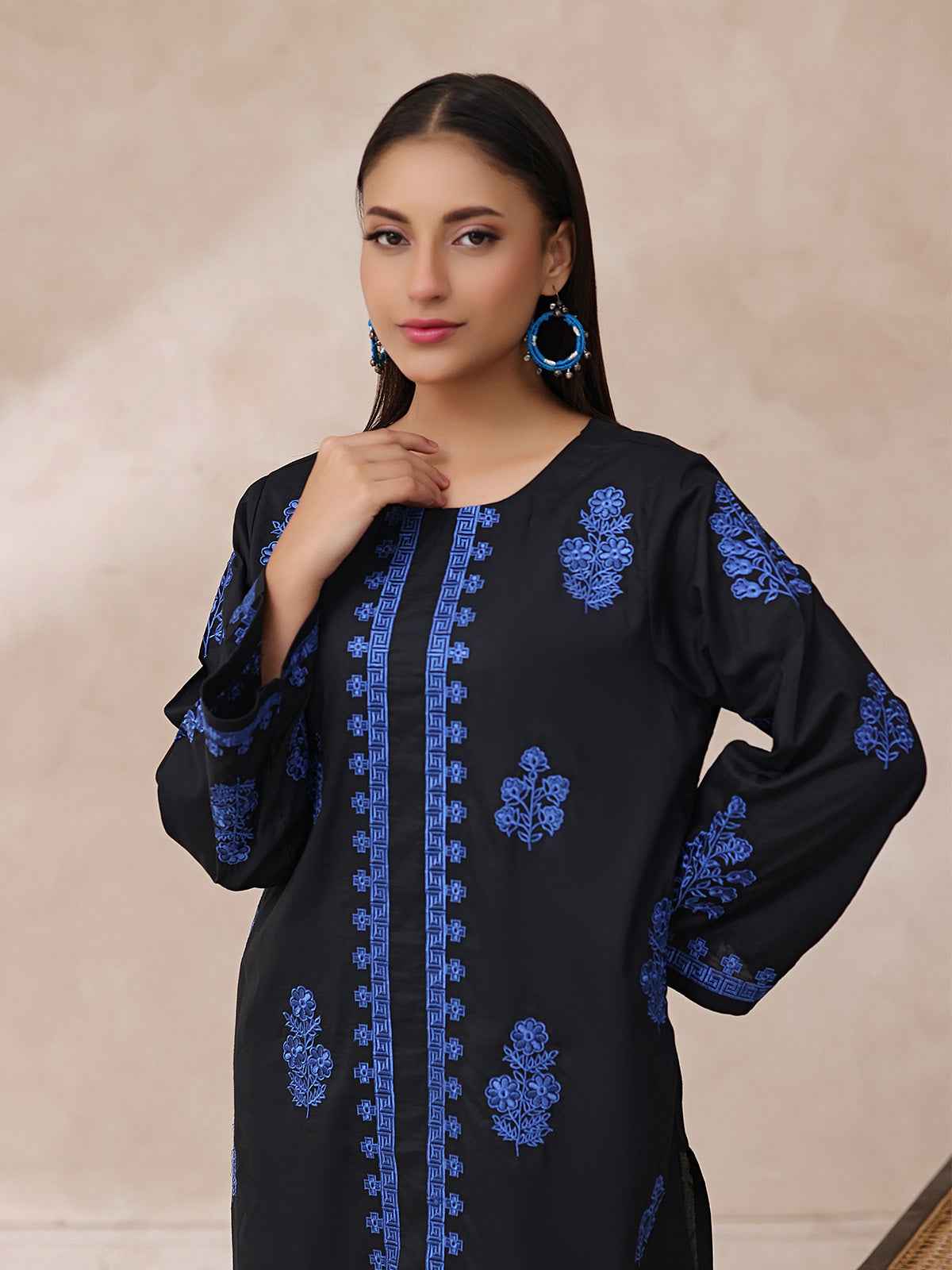2Pc Embroidered Pret Shirt Trouser Cambric Black - OWE2P-2503022
